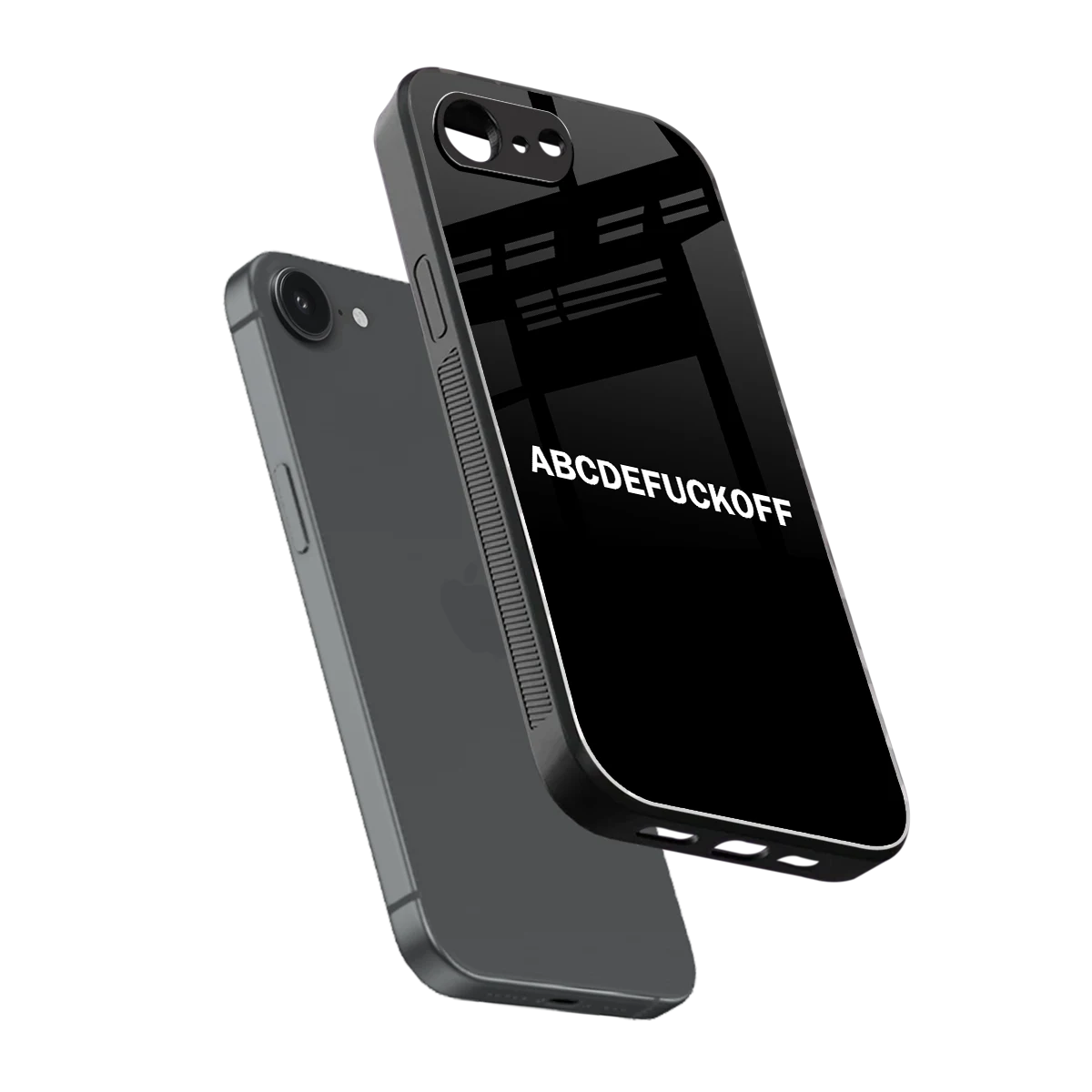 ABCDEFUCKOFF Black sleek iphone 16e cover with tempered glass back and TPU edges