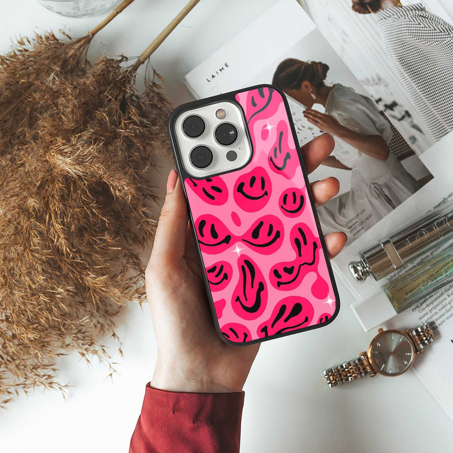 Acid Smiles Pink Phone Case for Iphone 16 | Glass Case