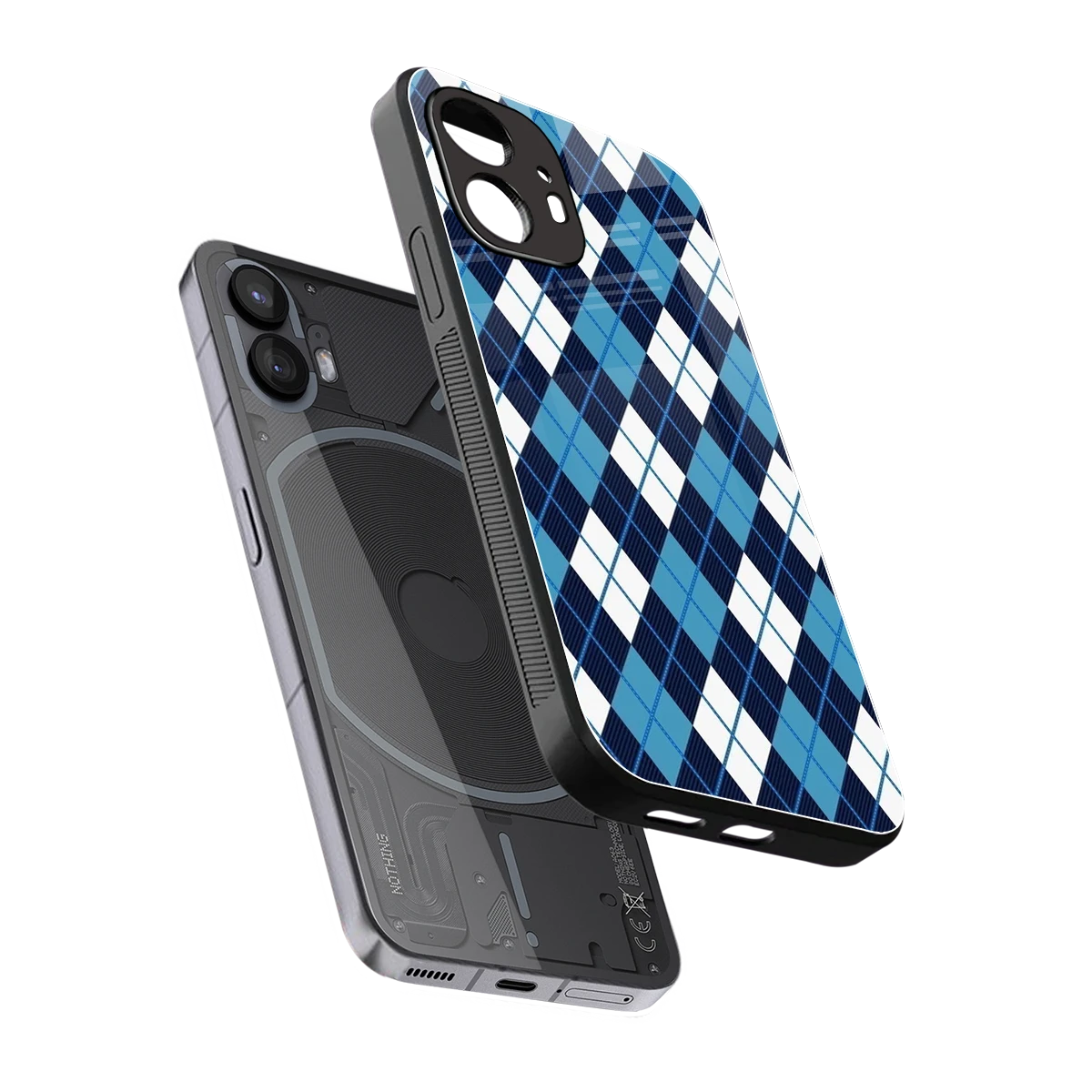 Argyle Blue sleek nothing phone 2 cover with tempered glass back and TPU edges