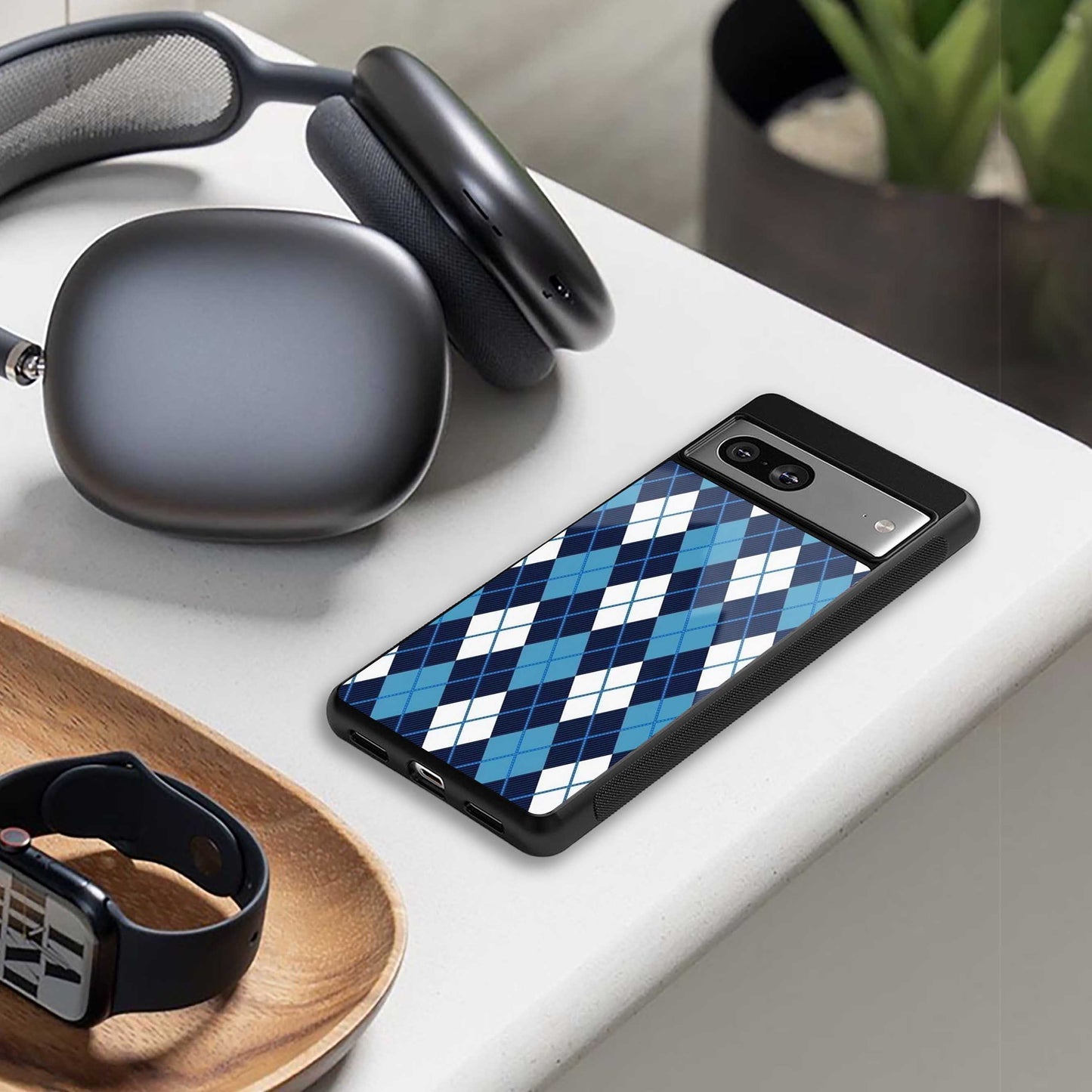 Argyle Blue designer iPhone 16 phone cover | glossy finish with glass back