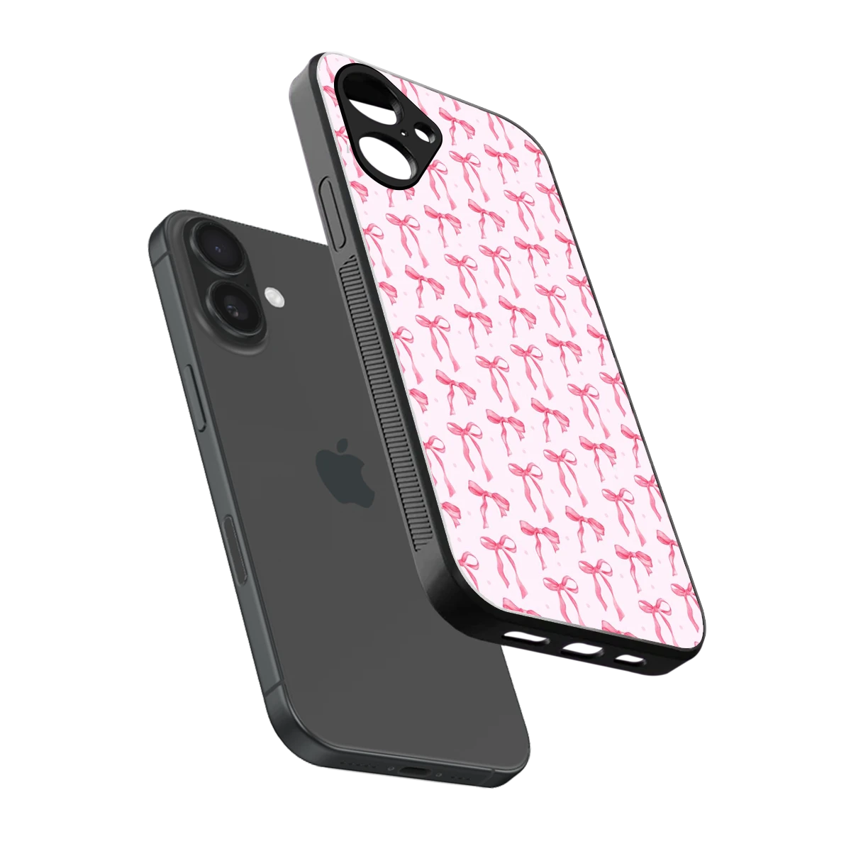 Bow Pink sleek iPhone 16 cover with tempered glass back and TPU edges