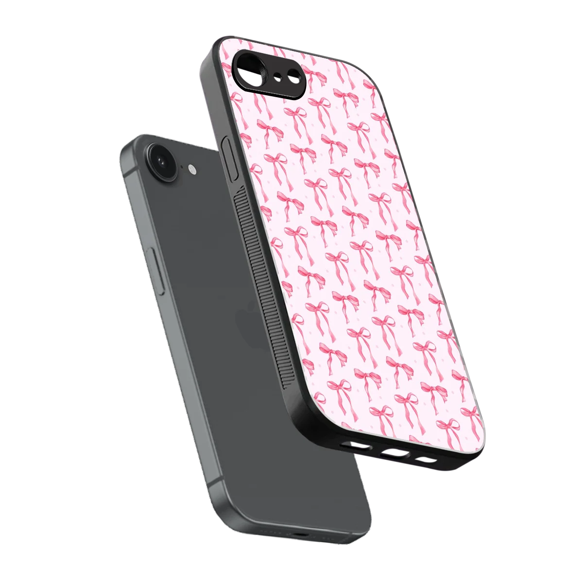 Bow Pink sleek iphone 16e cover with tempered glass back and TPU edges