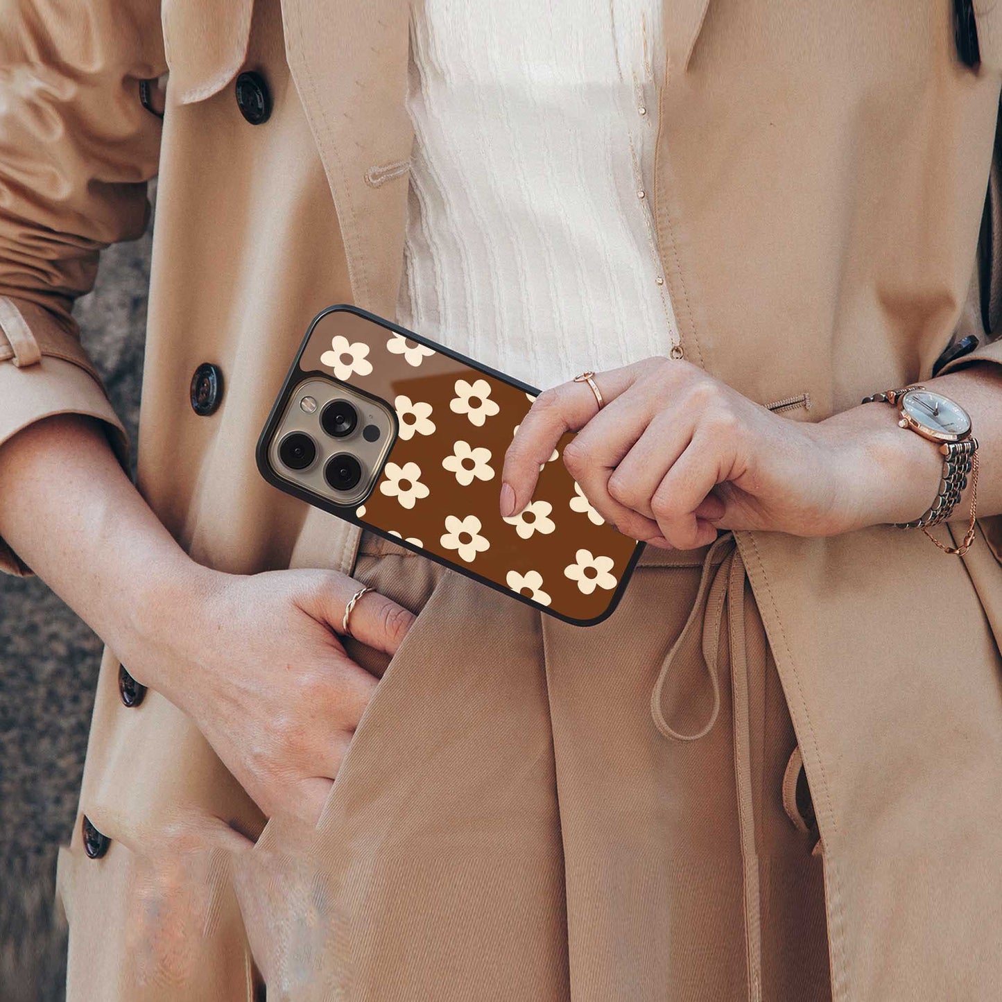 Brown Flowers Phone Case for Iphone 16 | Glass Case