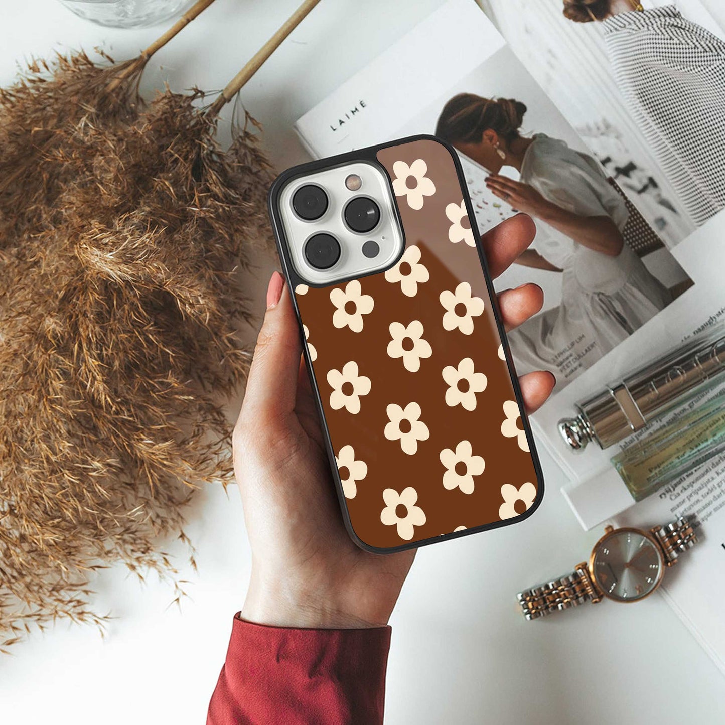 Brown Flowers Phone Case for Iphone 16 | Glass Case