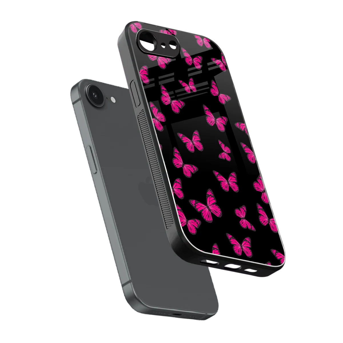 Butterfly Burst Black sleek iphone 16e cover with tempered glass back and TPU edges