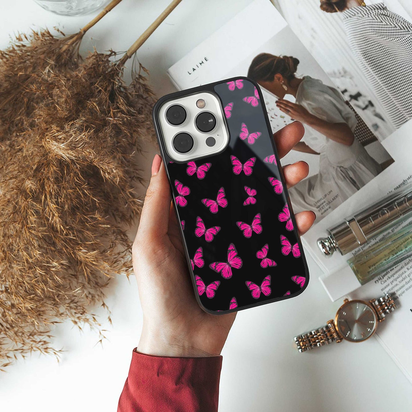 Butterfly Burst Black Phone Case for Iphone 16 | Glass Case