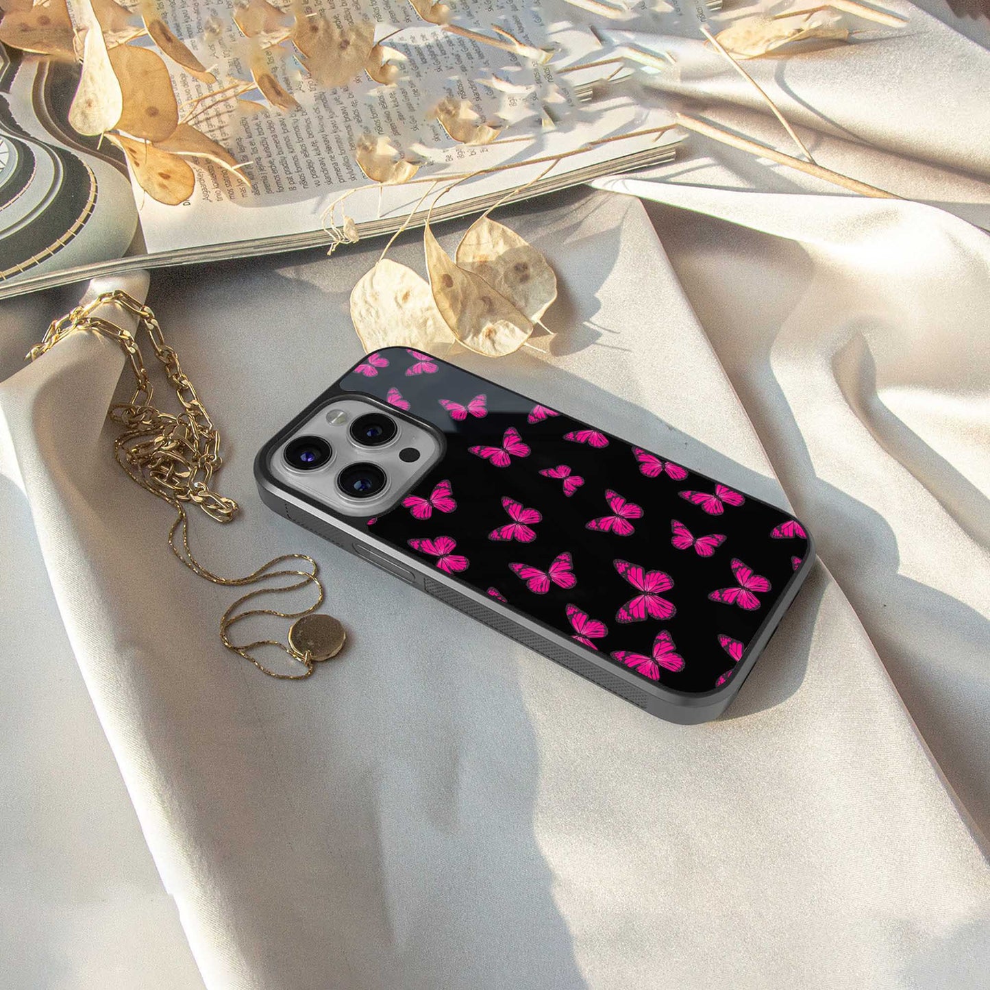 Butterfly Burst Black Phone Case for Iphone 16 | Glass Case