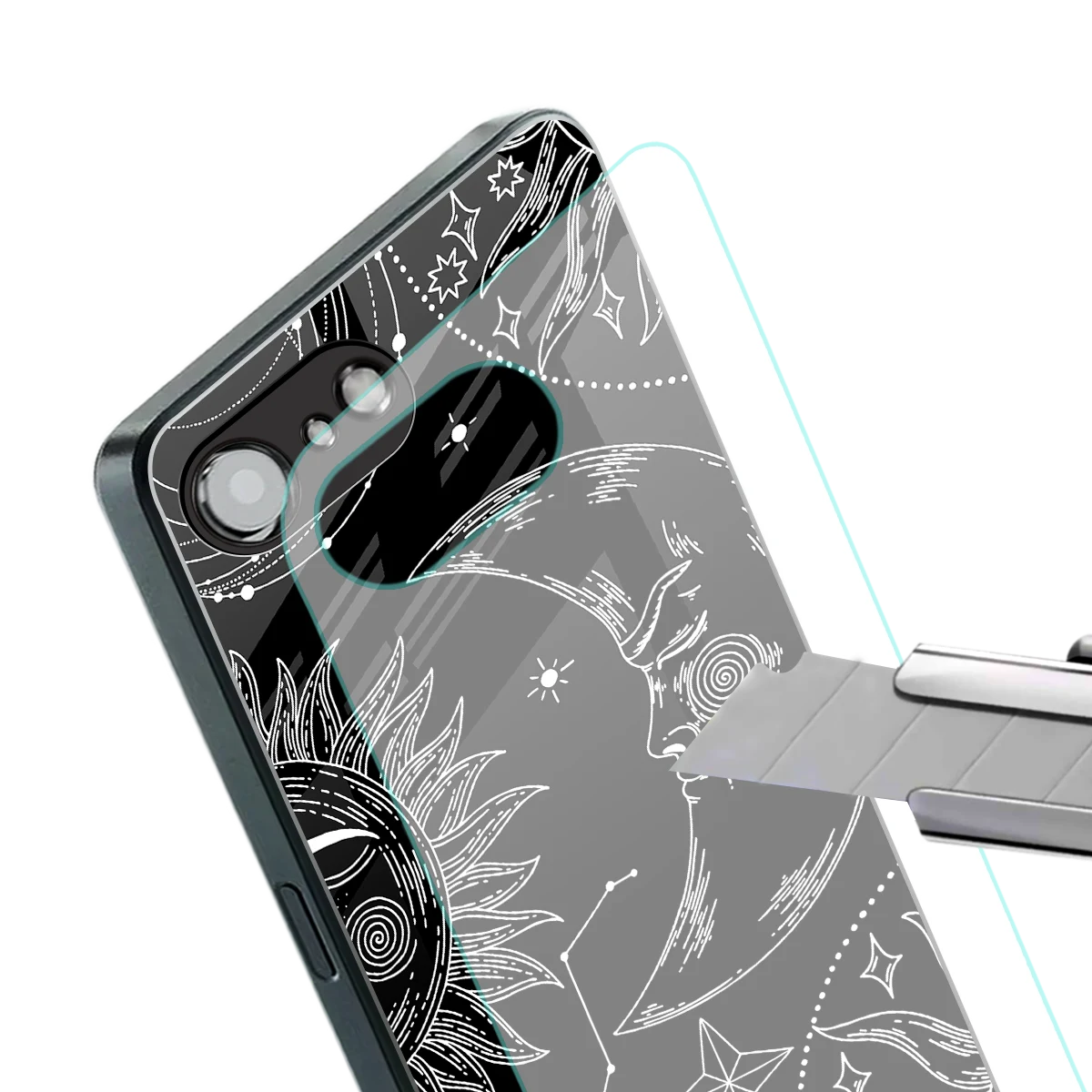 Celestial Duo stylish phone case for iphone 16e | glossy glass and slim fit