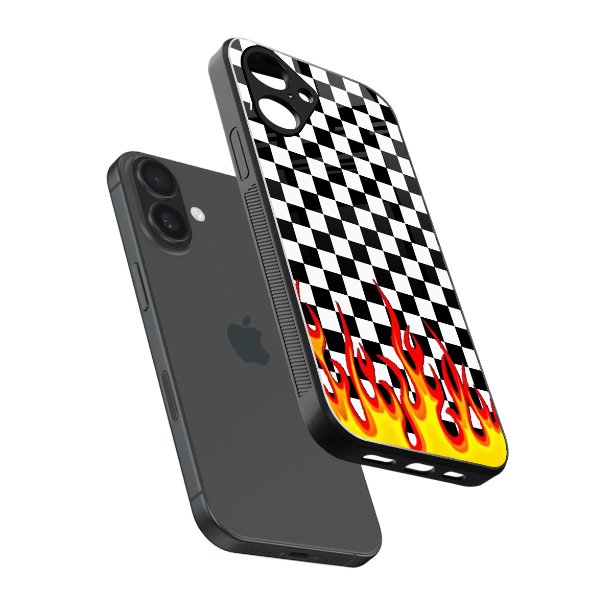 Check Fire sleek iPhone 16 cover with tempered glass back and TPU edges