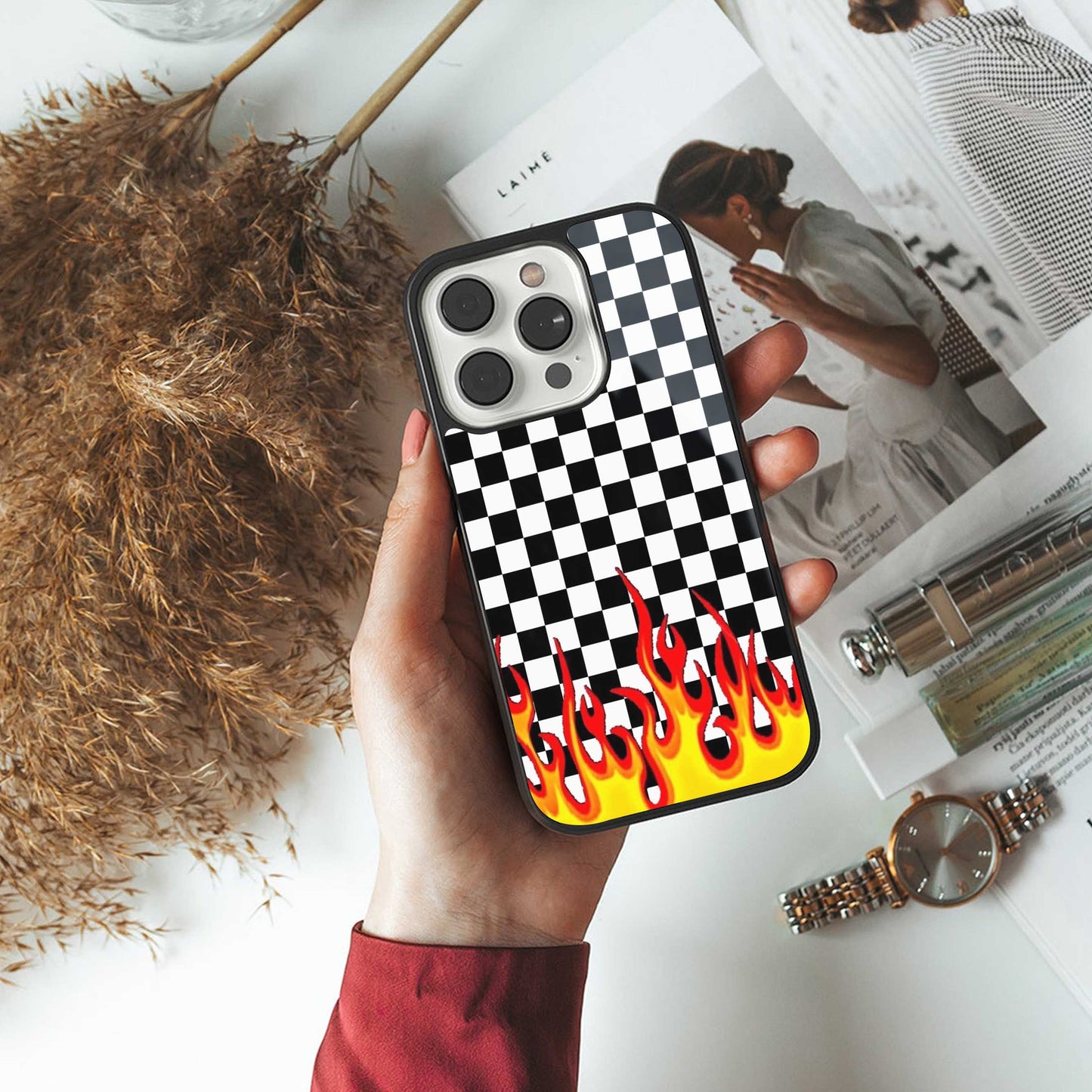 Check Fire luxury glass phone case for iPhone 16 | scratch and drop resistant