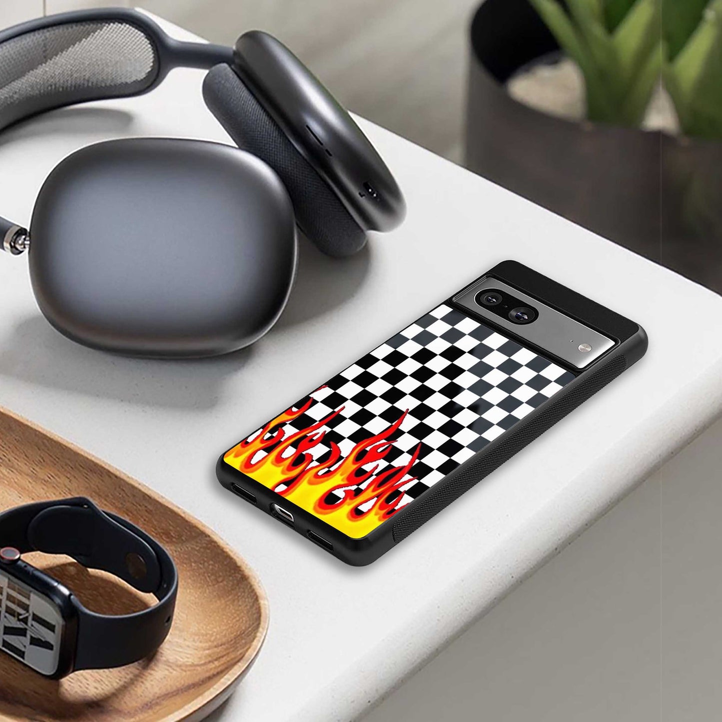 Check Fire designer iPhone 16 phone cover | glossy finish with glass back