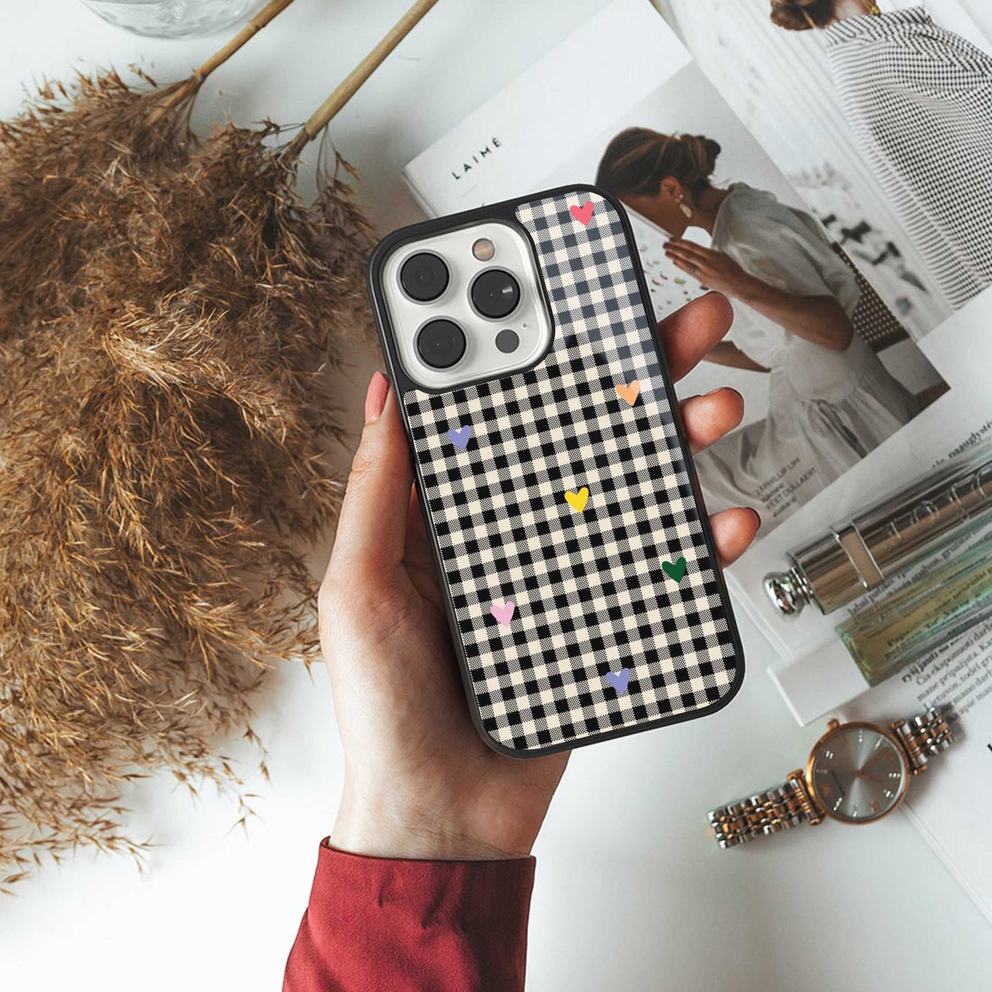 Checkered Love Phone Case for Iphone 16 | Glass Case