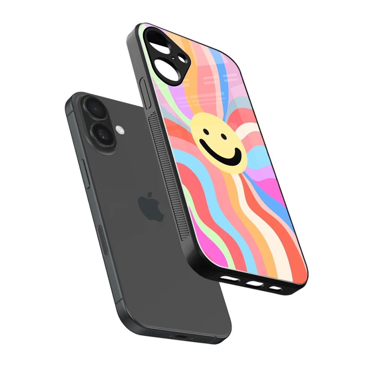 Cheerful Smiley sleek iphone 16 plus cover with tempered glass back and TPU edges