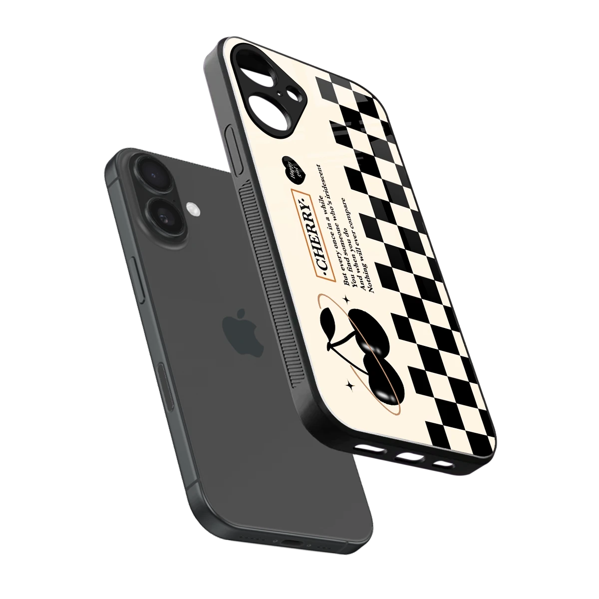Cherry Checkered sleek iphone 16 plus cover with tempered glass back and TPU edges