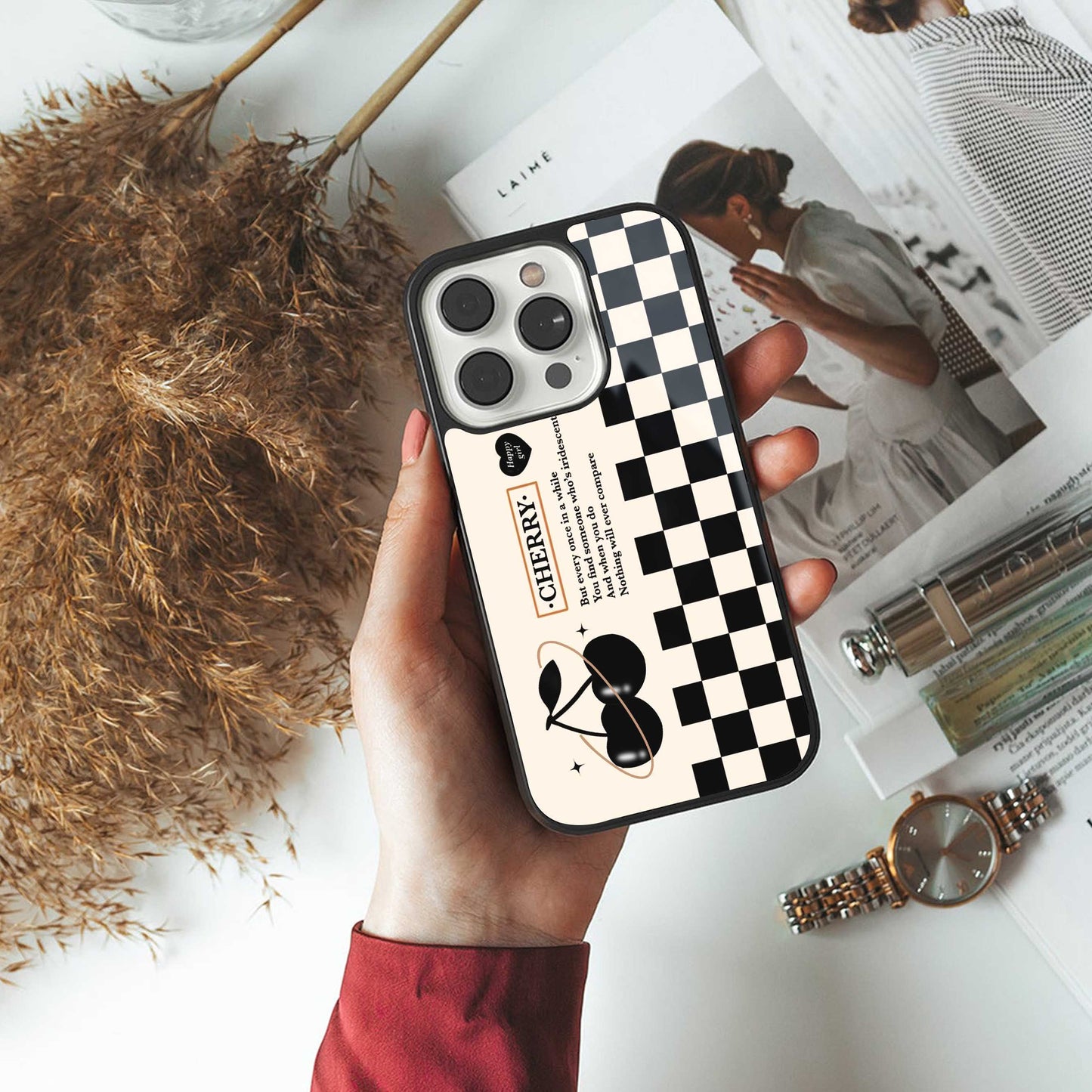Cherry Checkered Phone Case for Iphone 16 | Glass Case