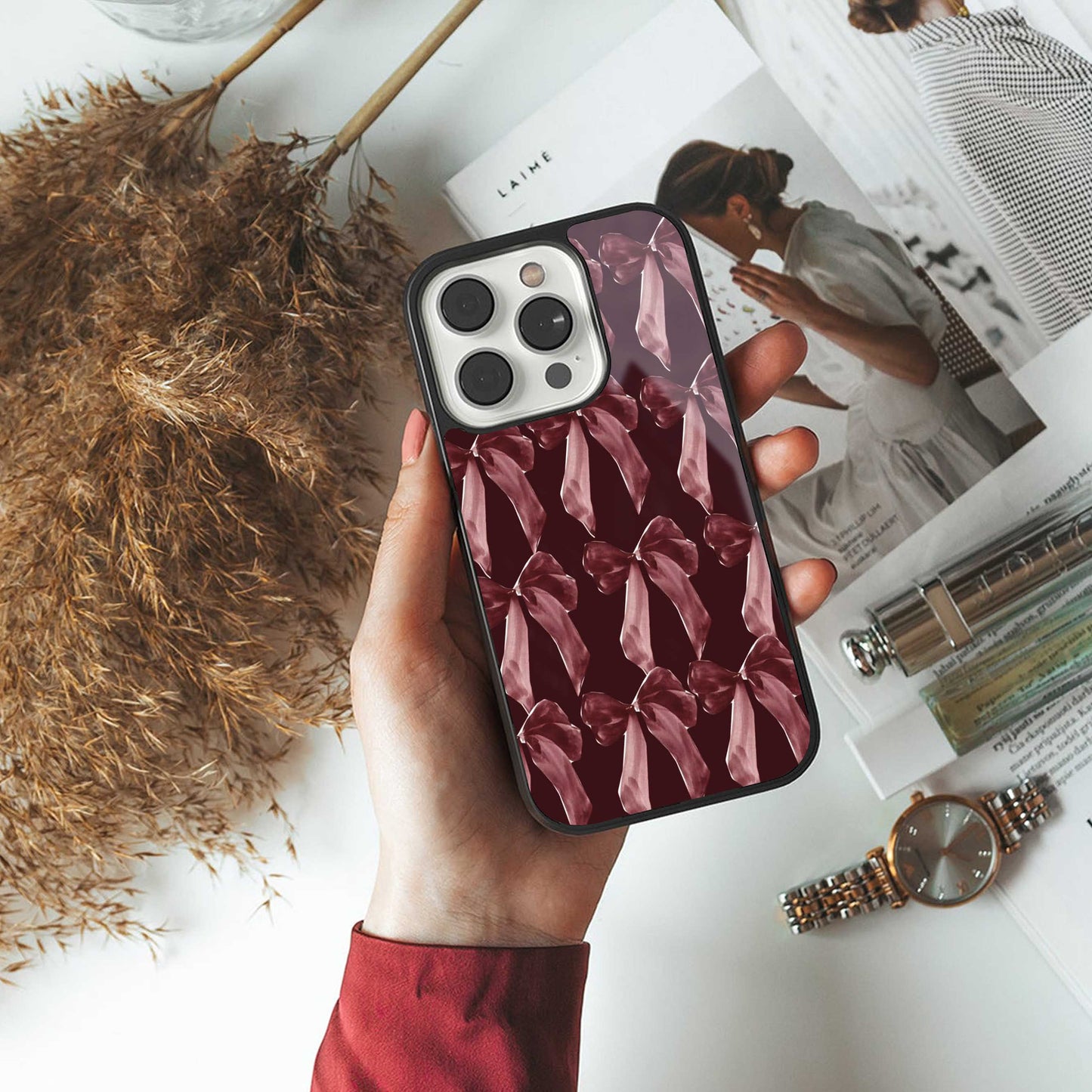 Crimson Ribbon Phone Case for Iphone 16 | Glass Case