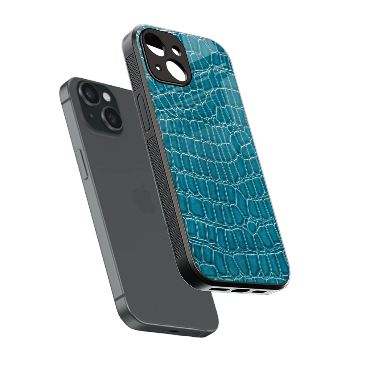 Croco Blue sleek iphone 13 cover with tempered glass back and TPU edges