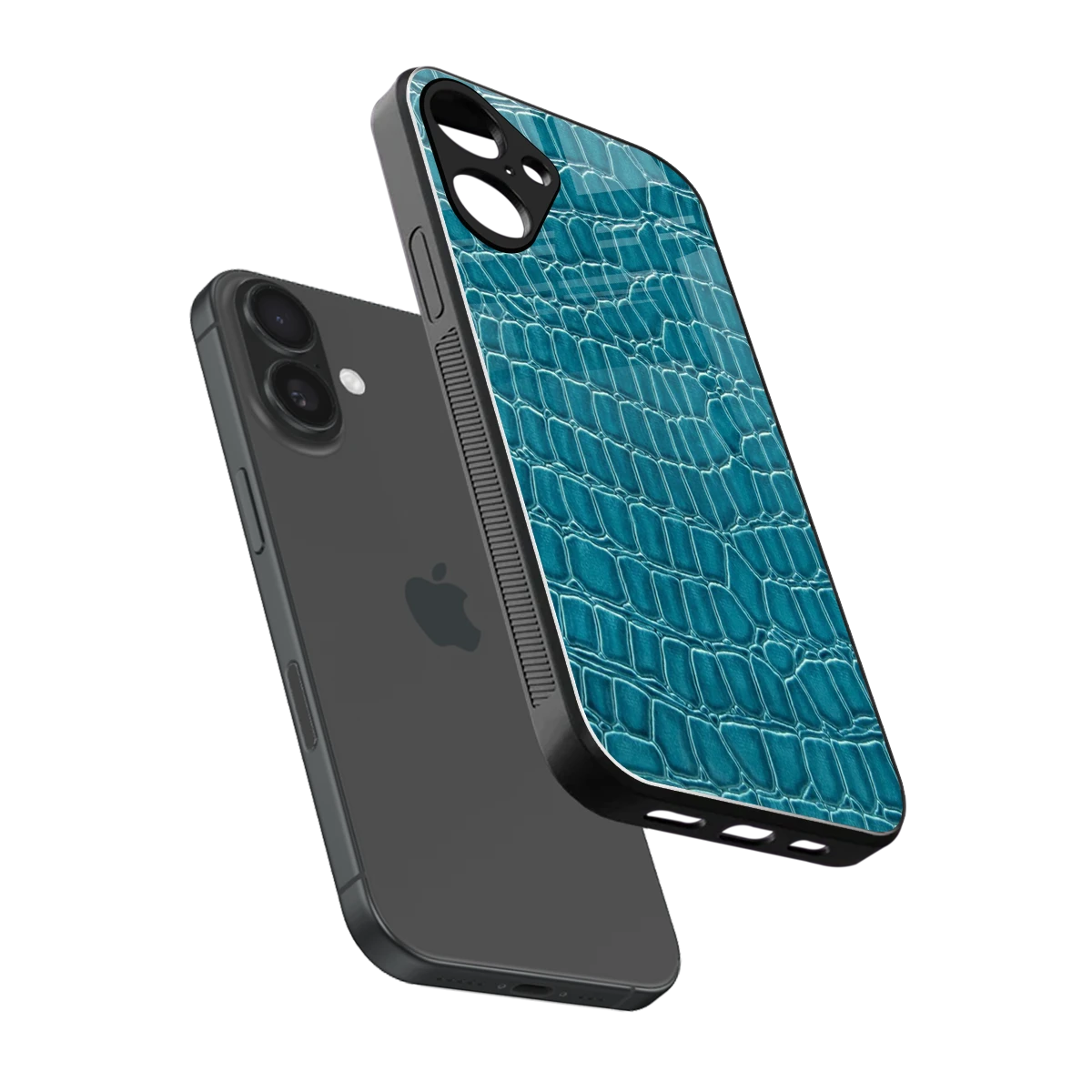 Croco Blue sleek iphone 16 plus cover with tempered glass back and TPU edges