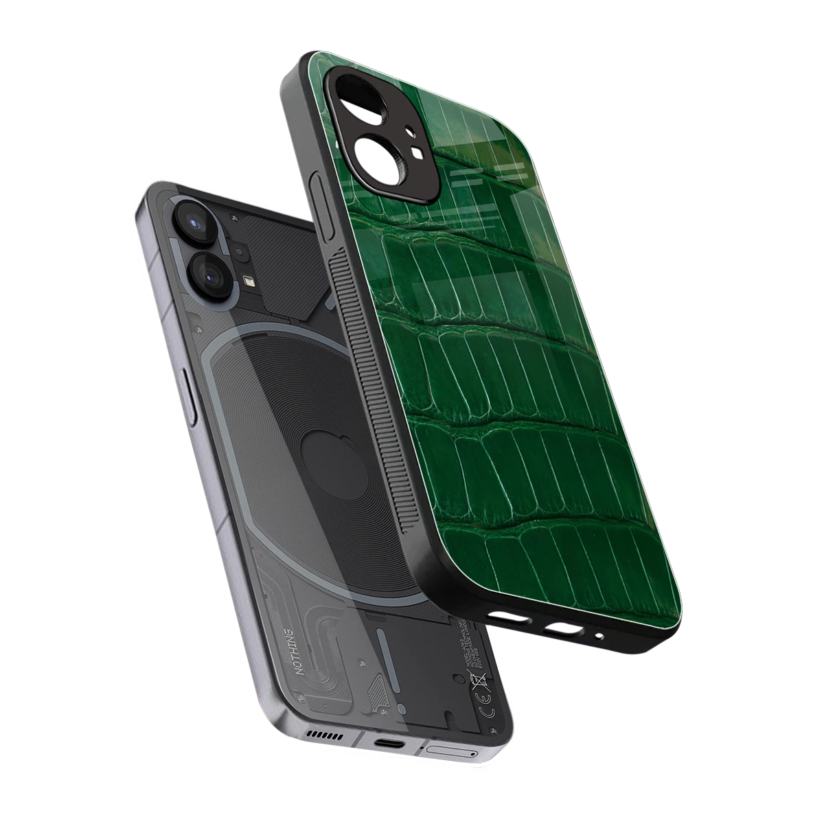 Croco Green sleek nothing phone 1 cover with tempered glass back and TPU edges