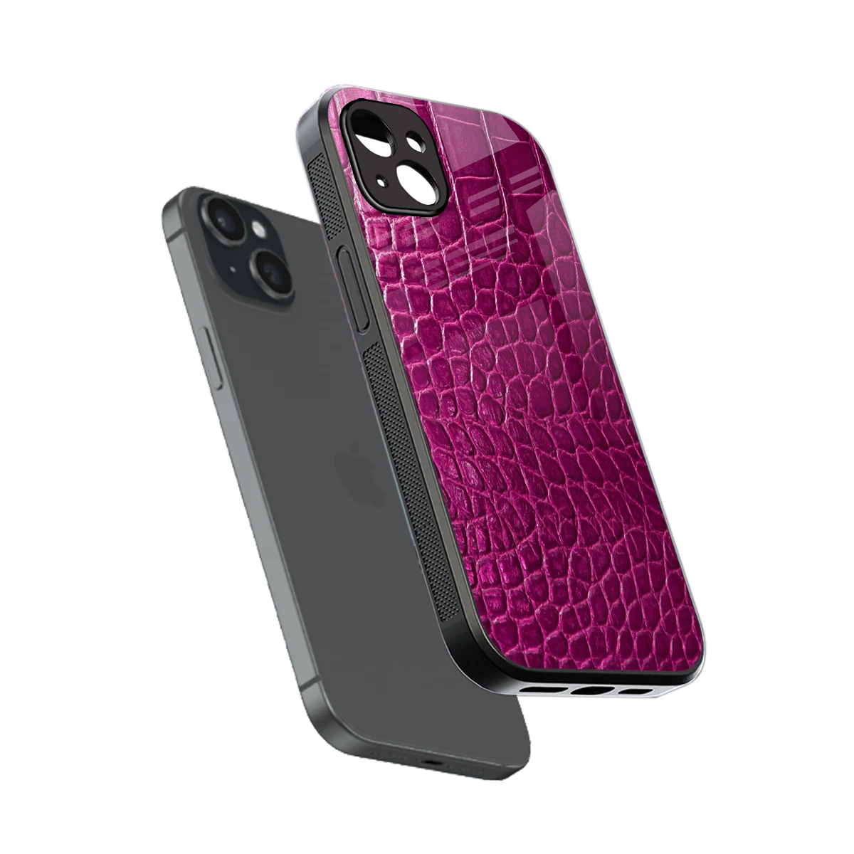 Croco Pink sleek iphone 14 plus cover with tempered glass back and TPU edges