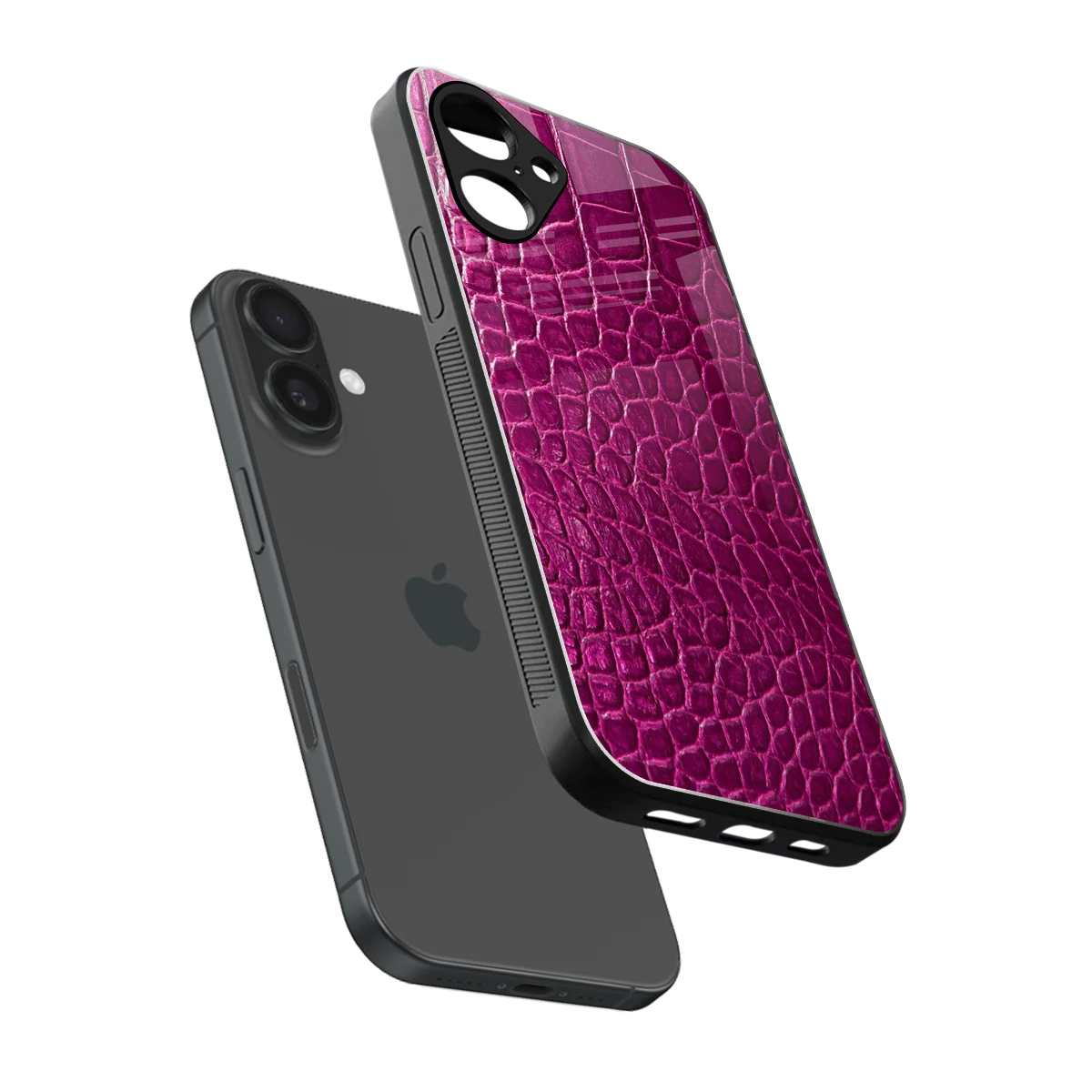 Croco Pink sleek iPhone 16 cover with tempered glass back and TPU edges