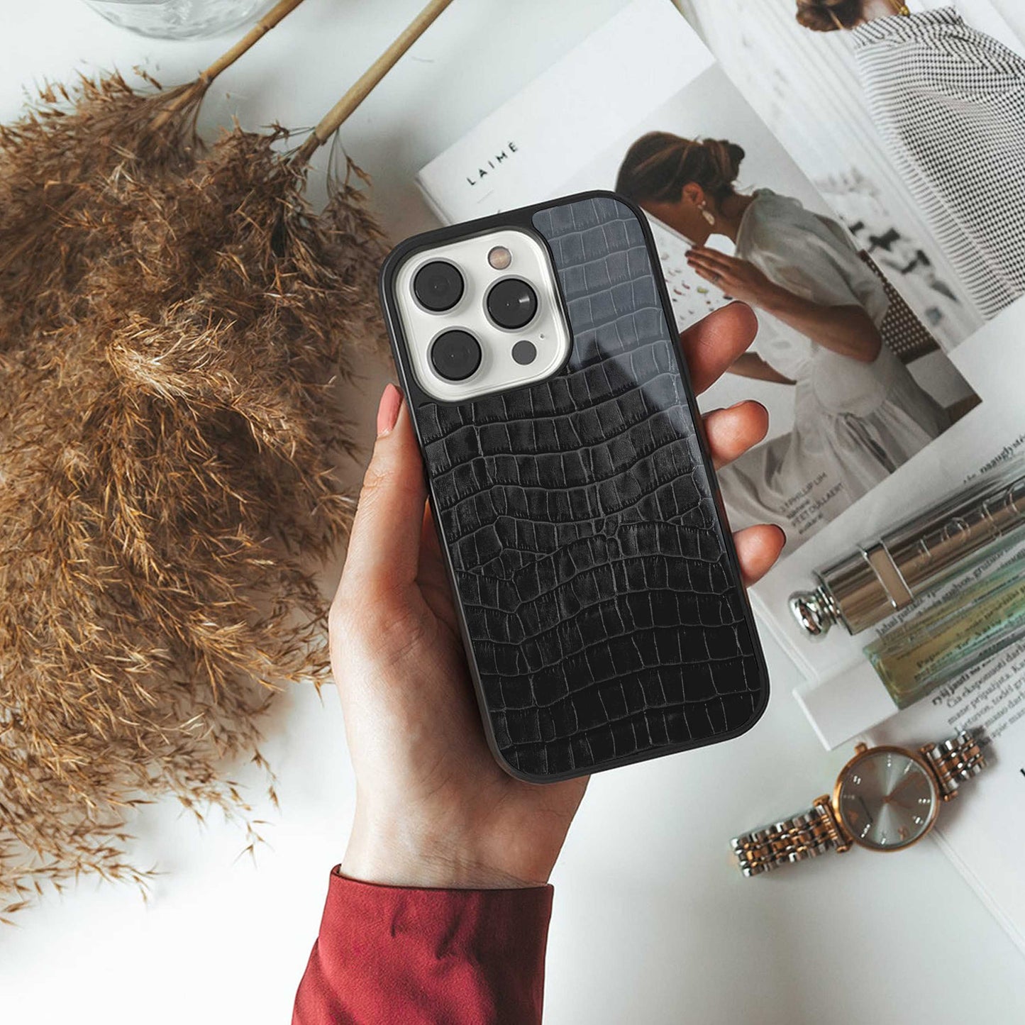 Croco Black Phone Case for Iphone 16 | Glass Case