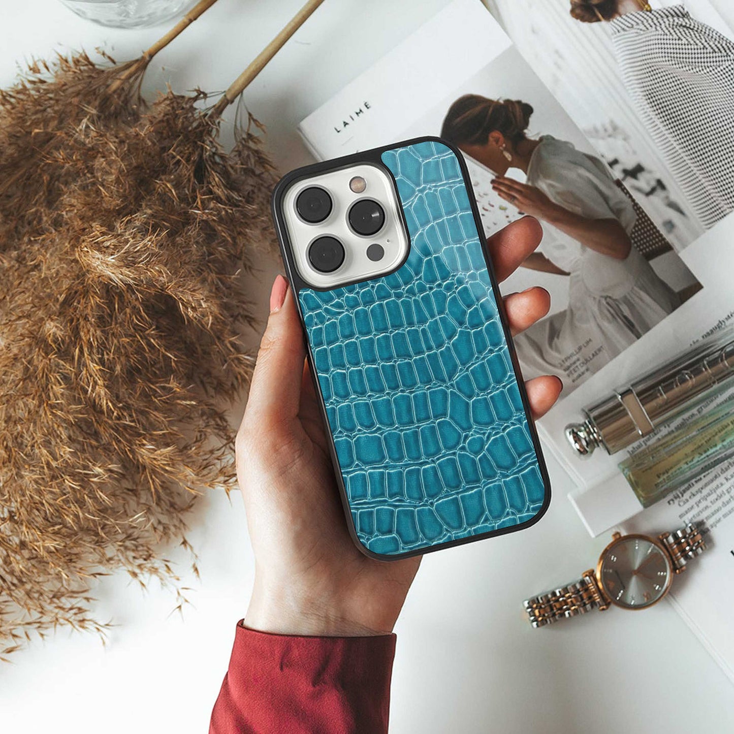 Croco Blue Phone Case for Iphone 16 | Glass Case