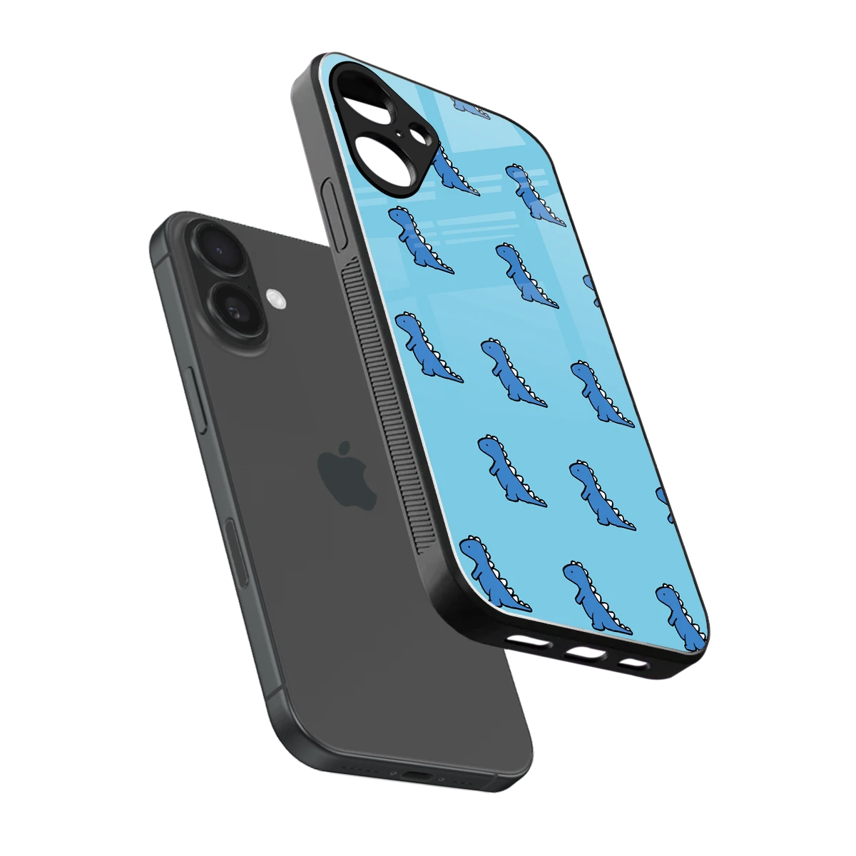Dino Blue sleek iphone 16 plus cover with tempered glass back and TPU edges