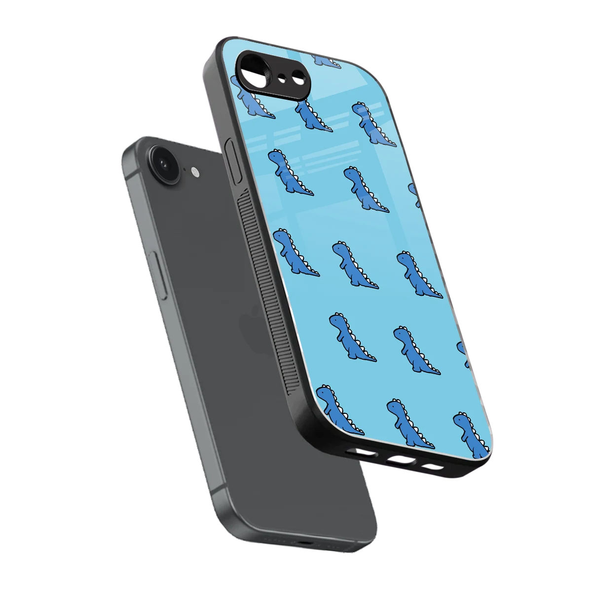 Dino Blue sleek iphone 16e cover with tempered glass back and TPU edges