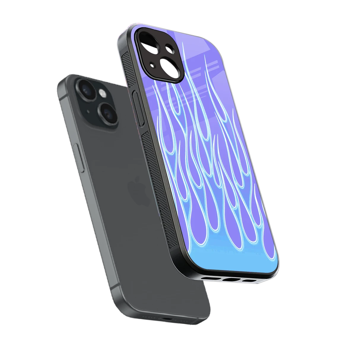 Flames Blue sleek iphone 13 cover with tempered glass back and TPU edges