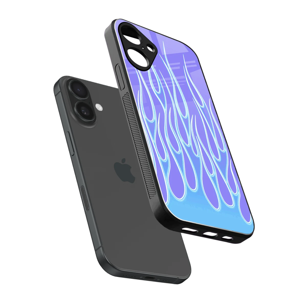 Flames Blue sleek iphone 16 plus cover with tempered glass back and TPU edges