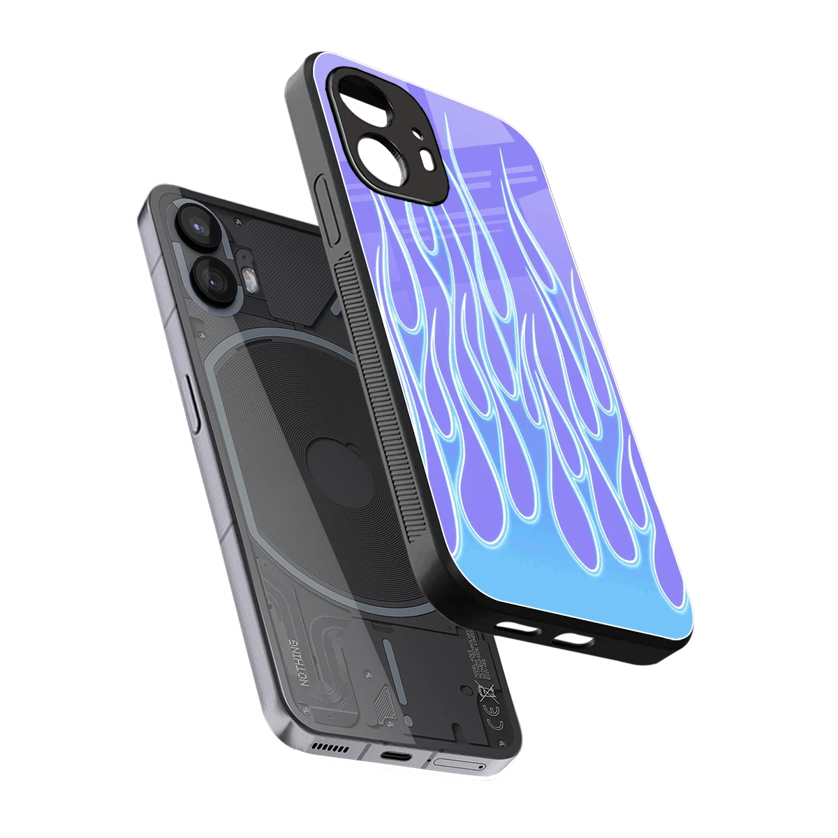 Flames Blue sleek nothing phone 2 cover with tempered glass back and TPU edges