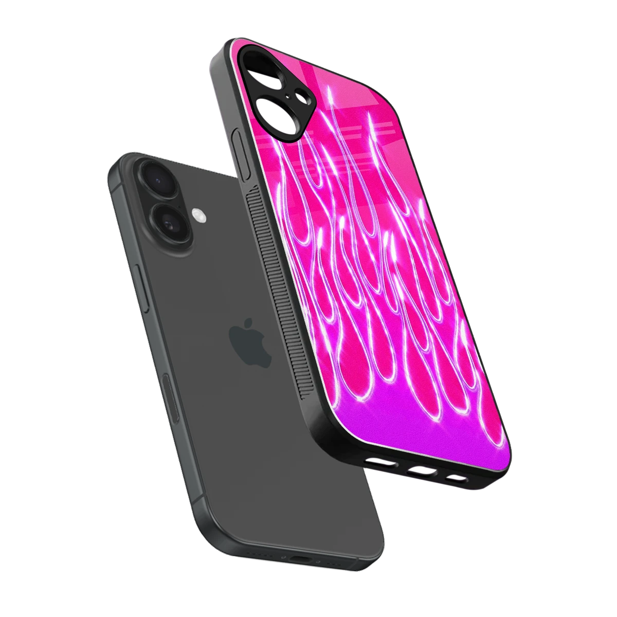 Flames Hot Pink sleek iphone 16 plus cover with tempered glass back and TPU edges