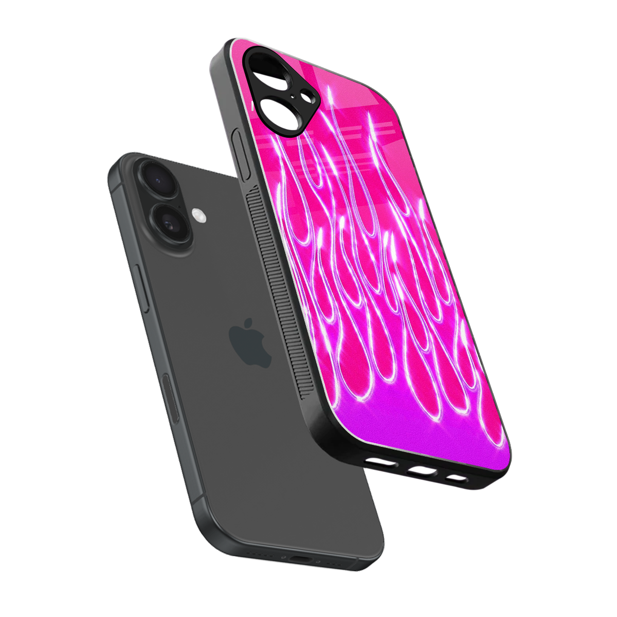 Flames Hot Pink sleek iPhone 16 cover with tempered glass back and TPU edges