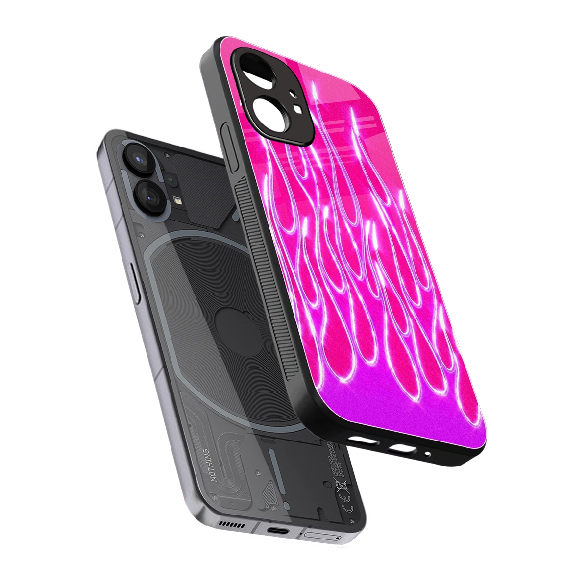 Flames Hot Pink sleek nothing phone 1 cover with tempered glass back and TPU edges