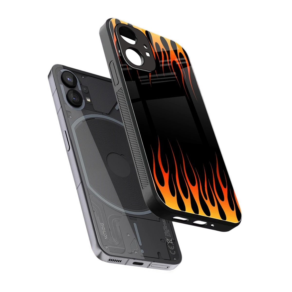 Flames Hot Red sleek nothing phone 1 cover with tempered glass back and TPU edges