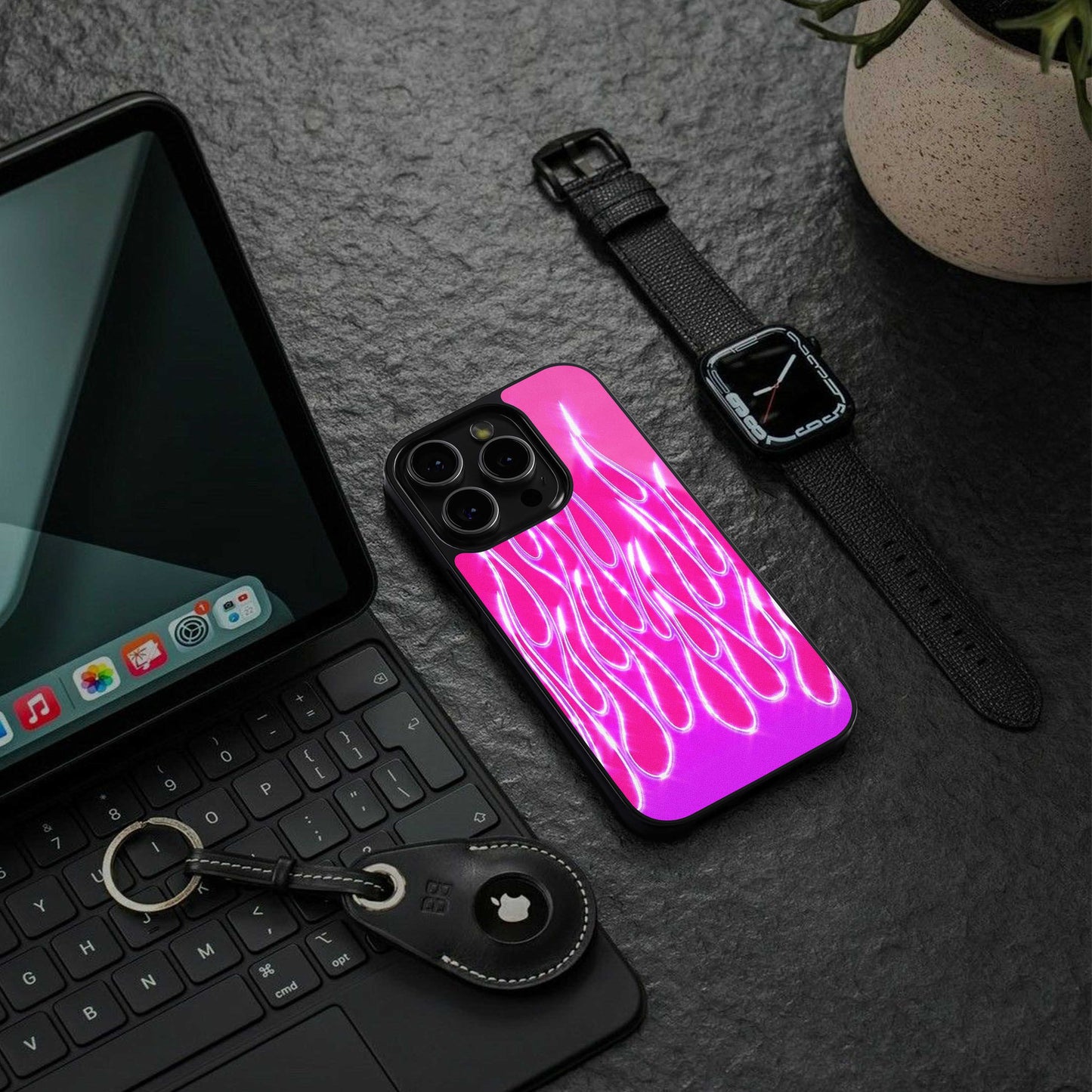 Flames Hot Pink luxury glass phone case for iPhone 16 | scratch and drop resistant