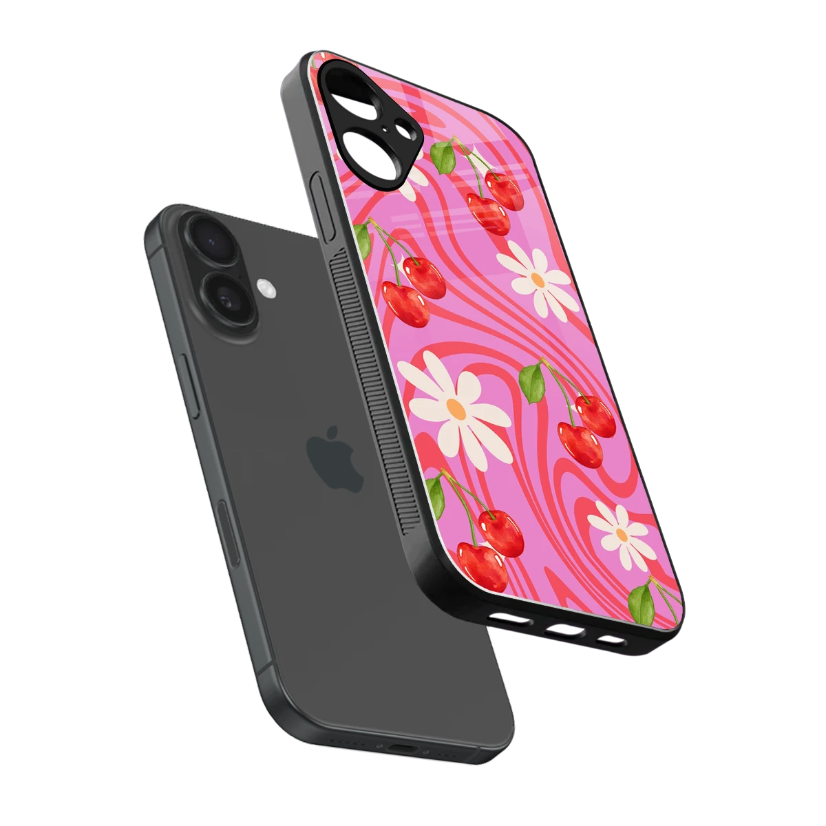 Floral Cherry sleek iphone 16 plus cover with tempered glass back and TPU edges