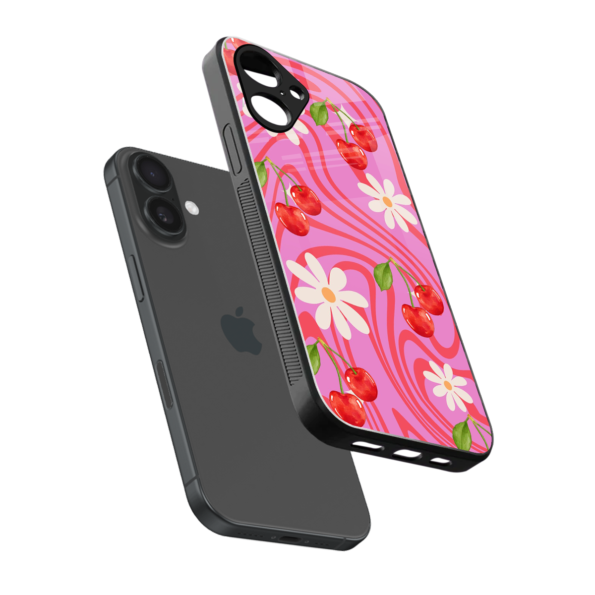 Floral Cherry sleek iPhone 16 cover with tempered glass back and TPU edges
