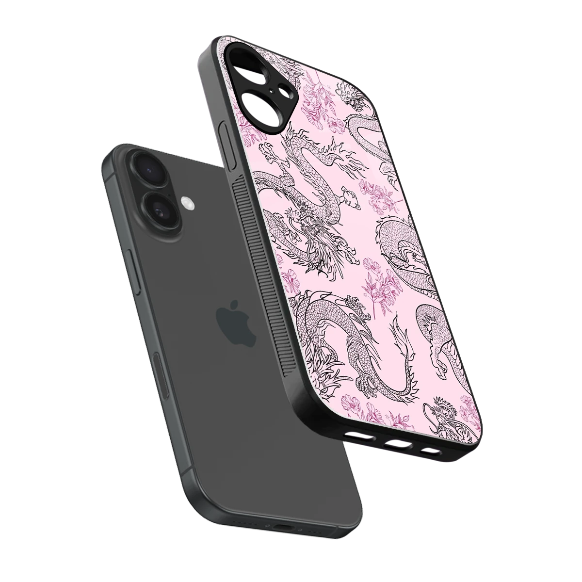 Floral Dragon sleek iphone 16 plus cover with tempered glass back and TPU edges