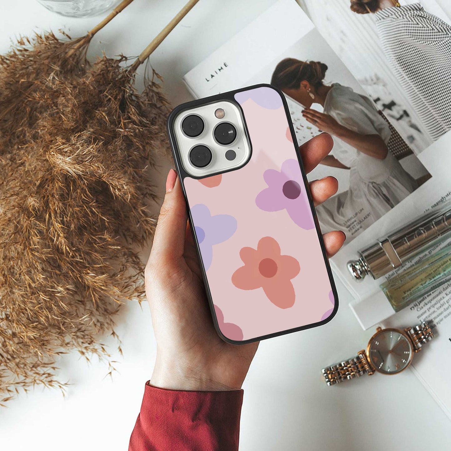 Floral Caramel TPU glass hybrid case for iPhone 16 | premium mobile back cover