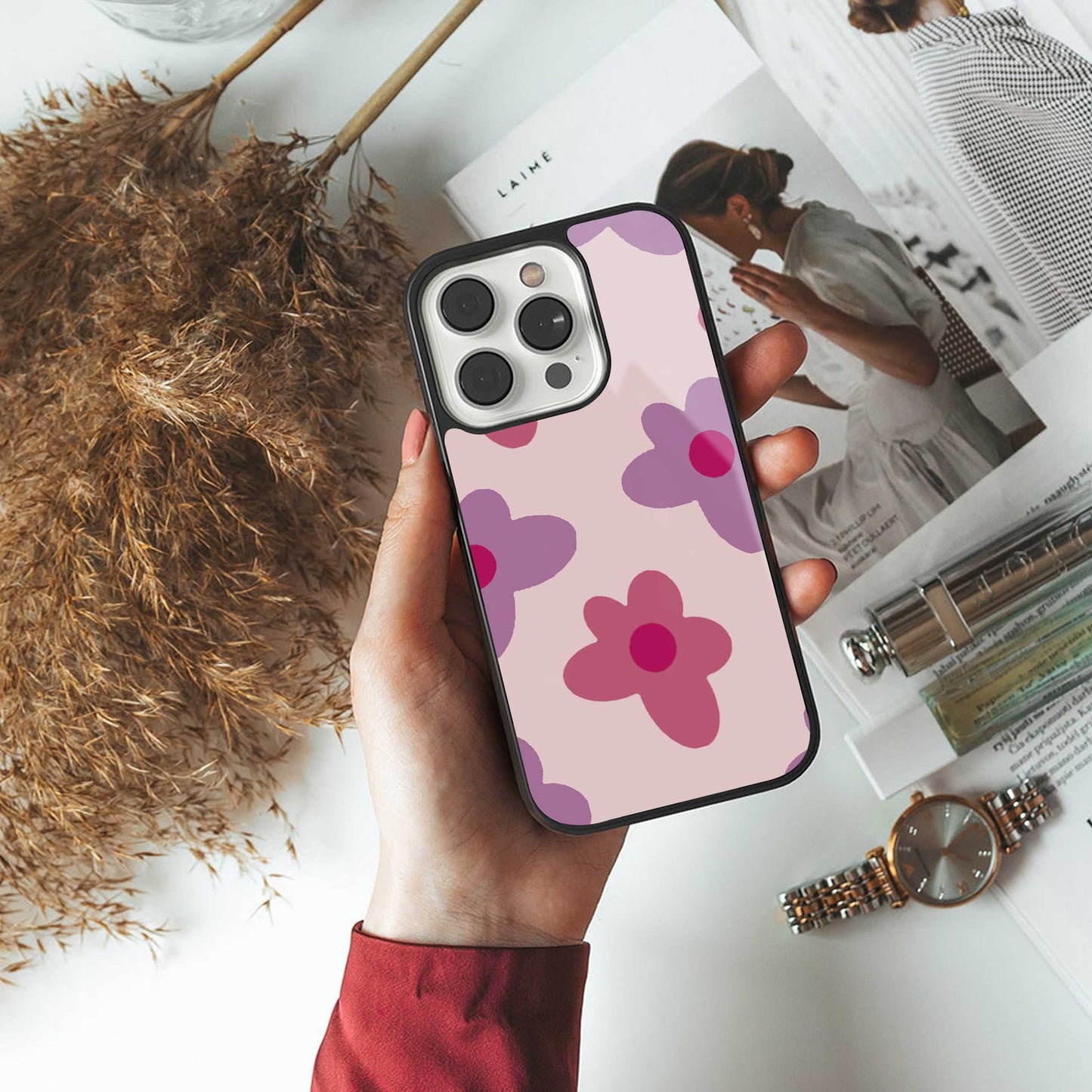 Floral Purple TPU glass hybrid case for iPhone 16 | premium mobile back cover