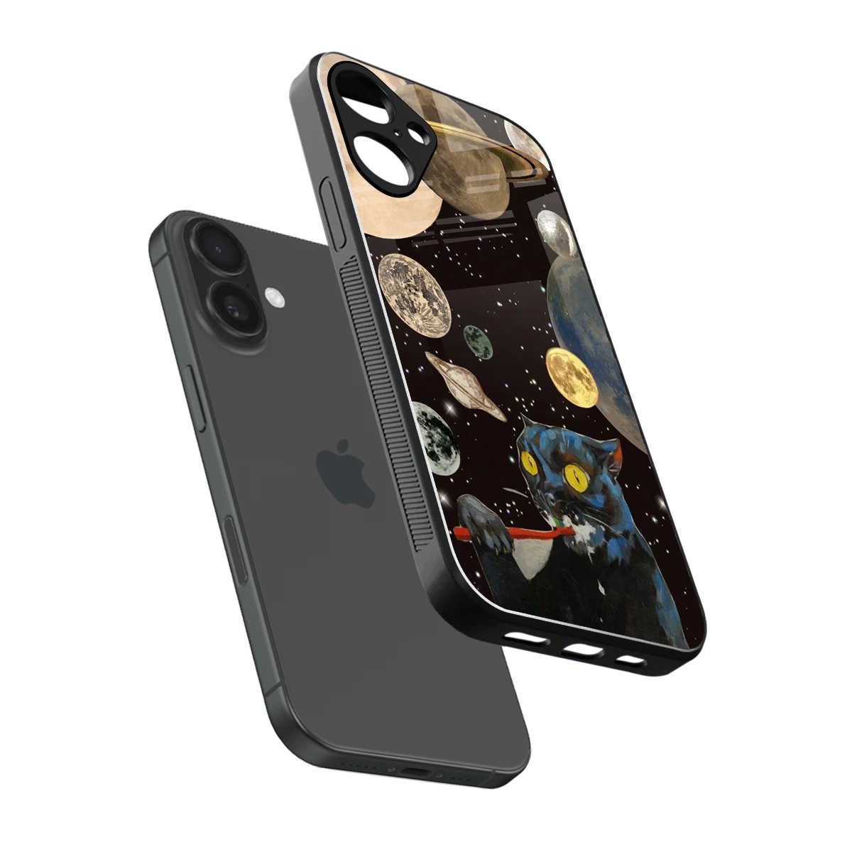 Galactic Purr sleek iphone 16 plus cover with tempered glass back and TPU edges