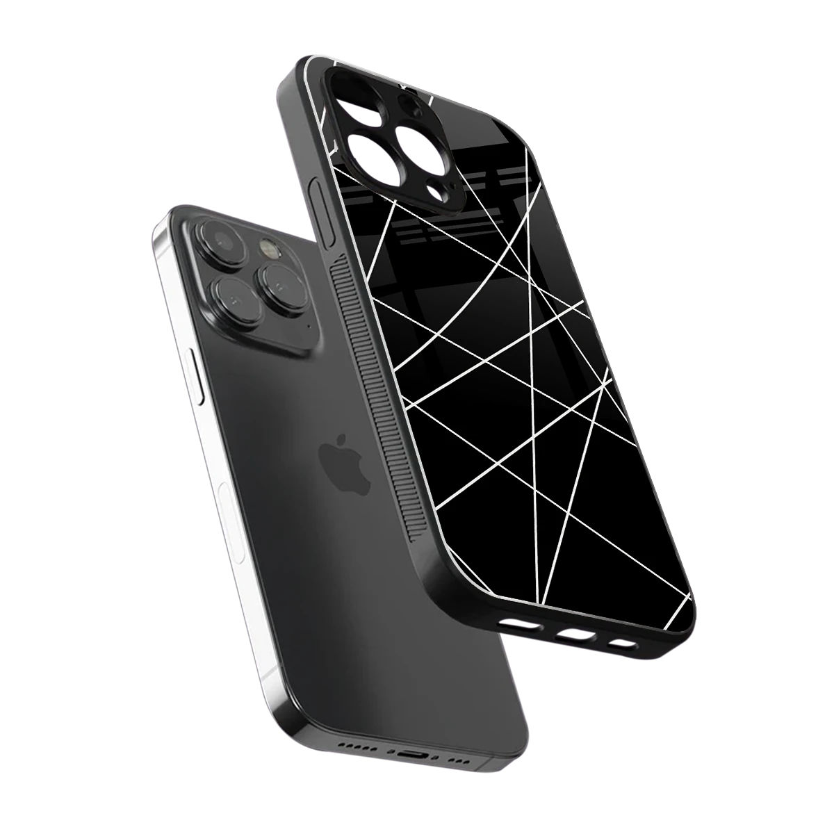 Geomatric Black sleek iphone 14 pro max cover with tempered glass back and TPU edges