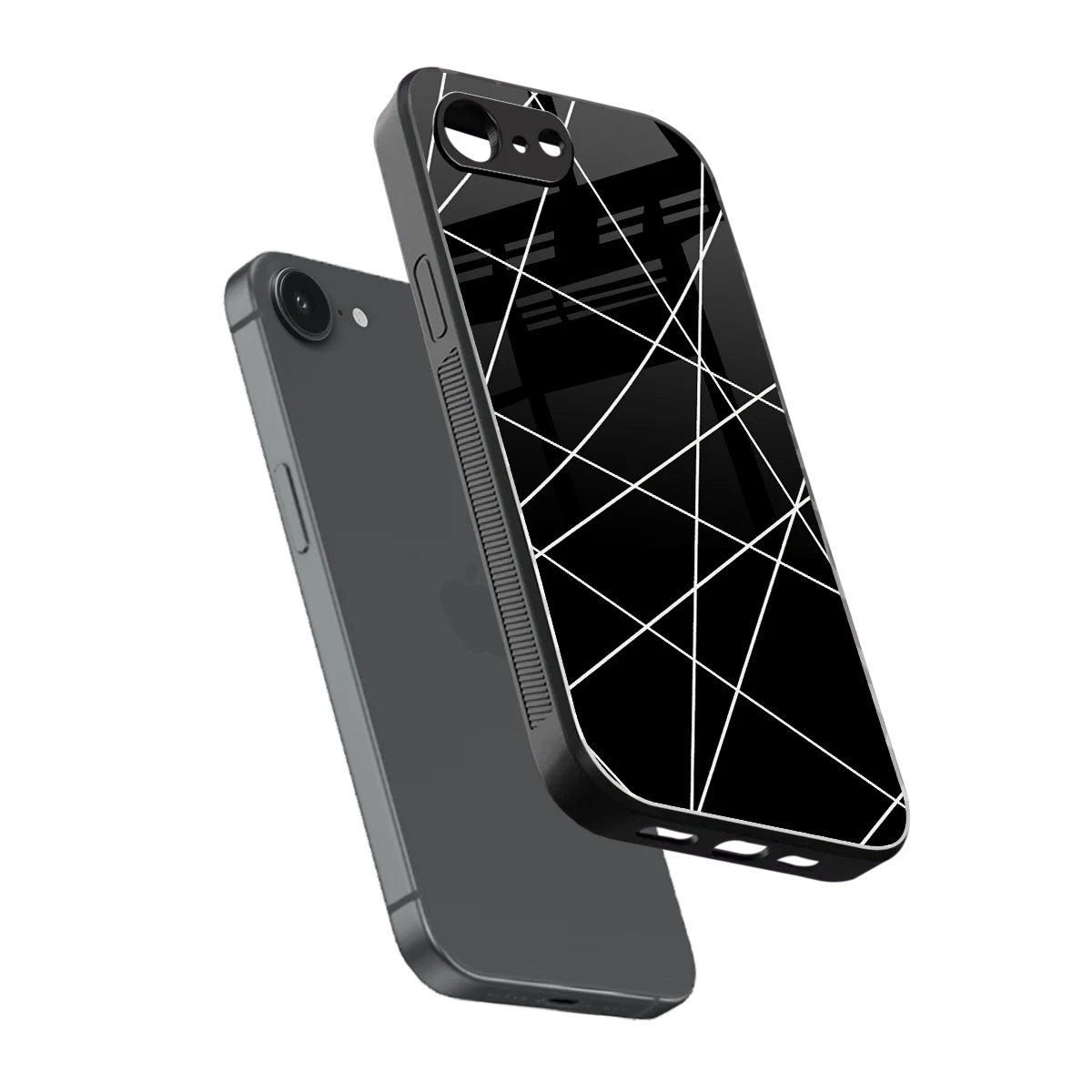 Geomatric Black sleek iphone 16e cover with tempered glass back and TPU edges