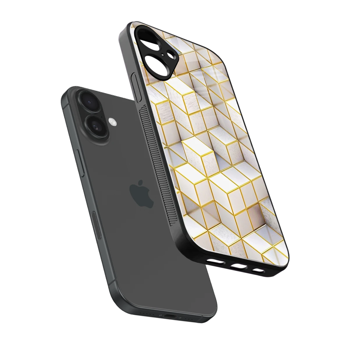 Golden Geometry sleek iphone 16 plus cover with tempered glass back and TPU edges