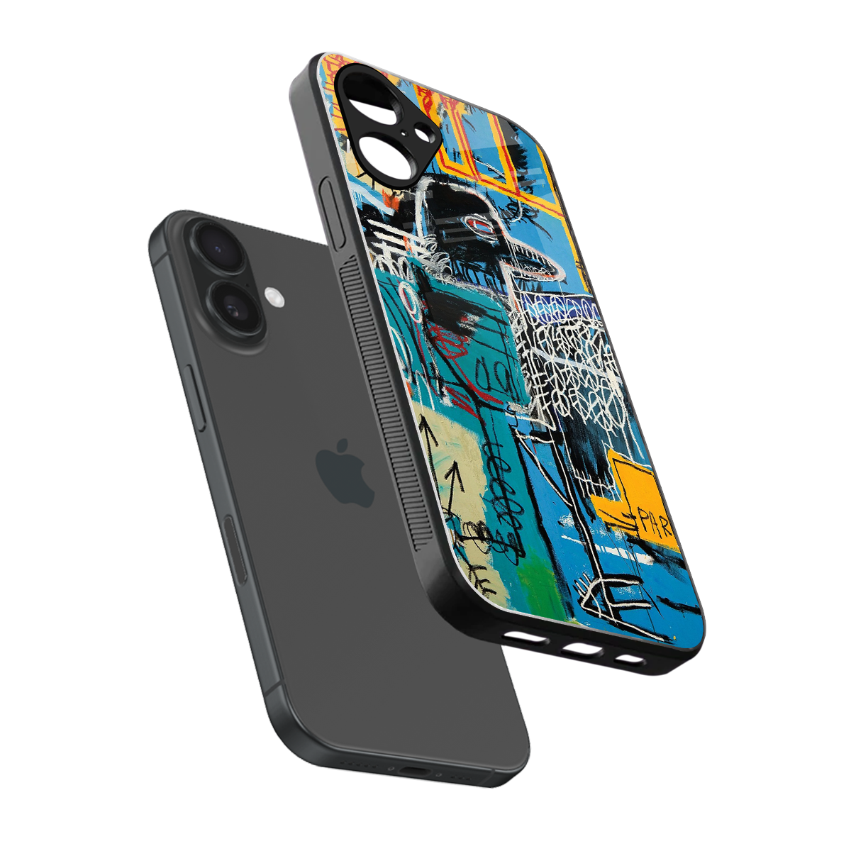 Graffiti Glow sleek iPhone 16 cover with tempered glass back and TPU edges
