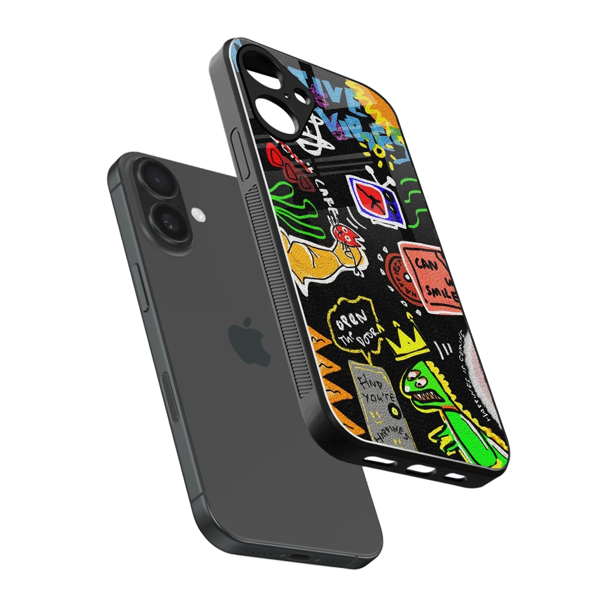 Graffiti sleek iphone 16 plus cover with tempered glass back and TPU edges
