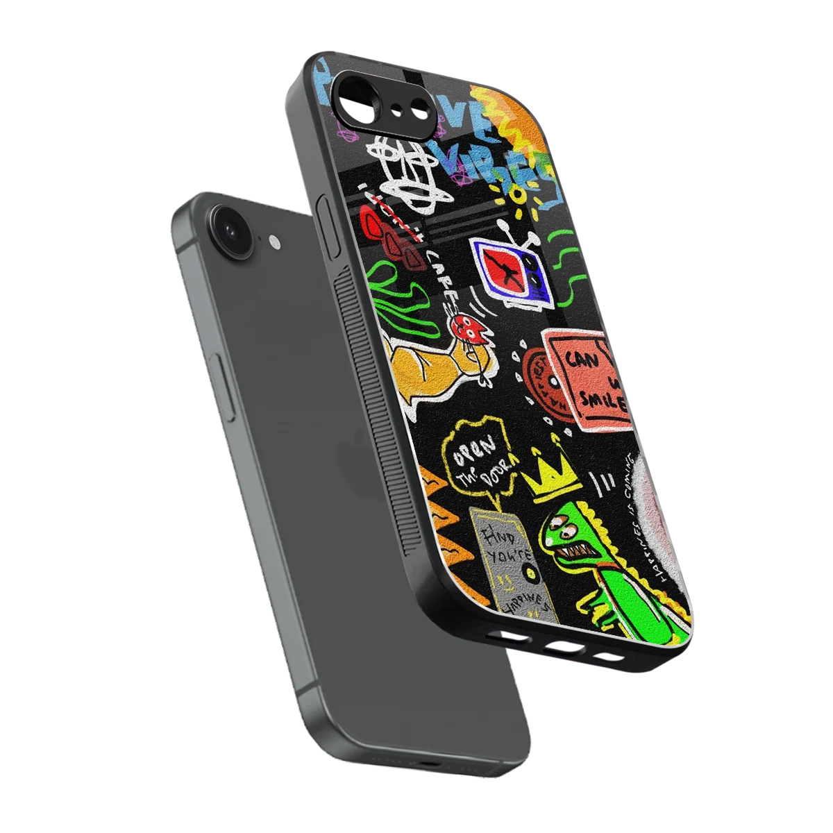 Graffiti sleek iphone 16e cover with tempered glass back and TPU edges