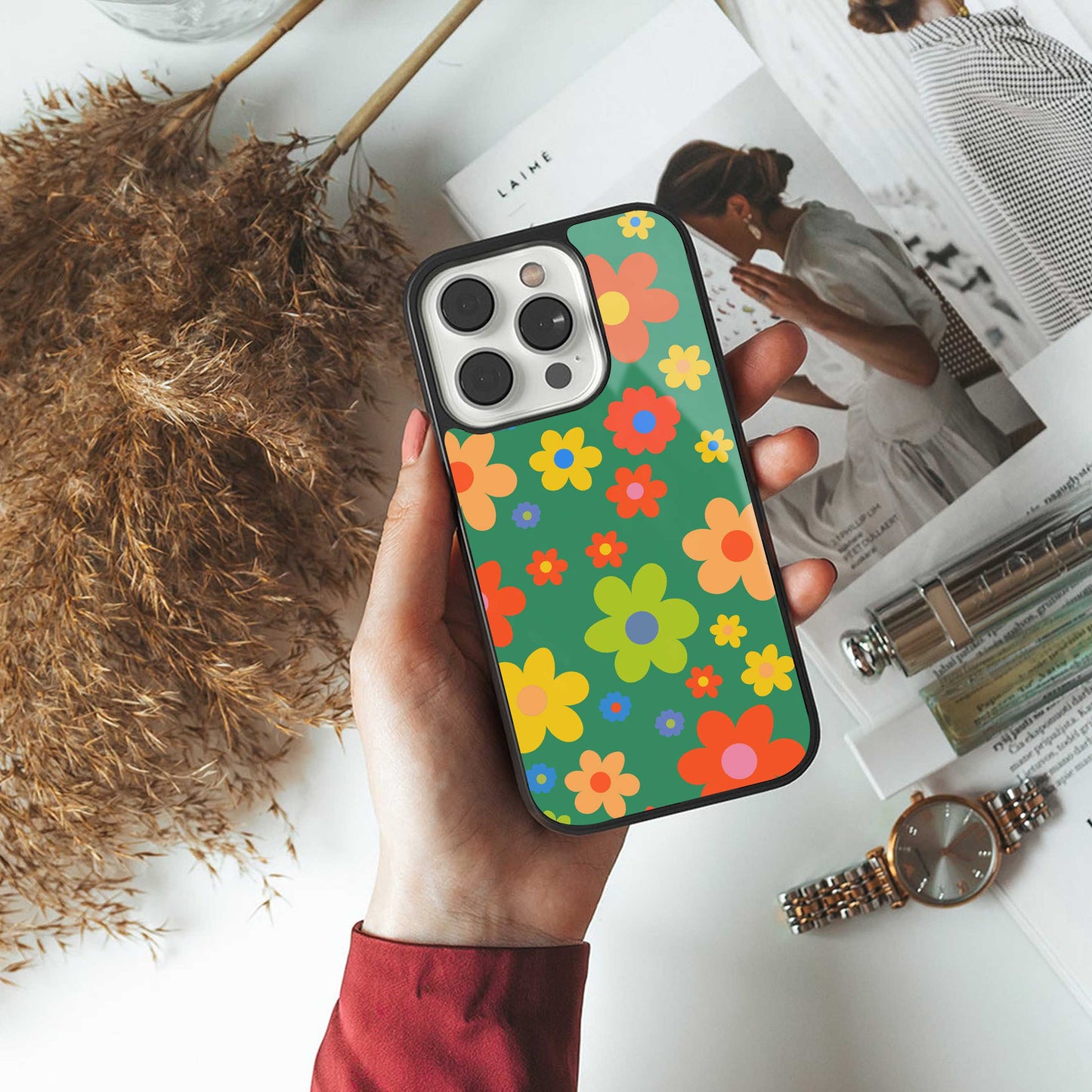 Greenery Blossom TPU glass hybrid case for iPhone 16 | premium mobile back cover